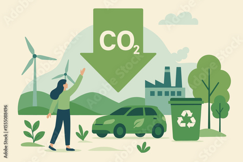 Eco-friendly lifestyle reducing carbon emissions concept. Renewable energy, wind turbines, electric car, recycling, sustainable environment, green factory, CO2 decrease, climate change solution