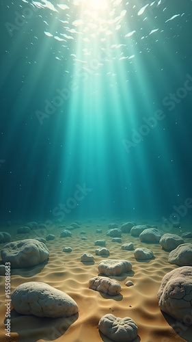 A high-resolution underwater view showcasing sunlight forming vibrant caustic patterns over a textured sandy seabed, scattered with natural stones, pebbles, and gently floating particles.