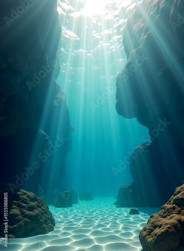 A high-resolution underwater view showcasing sunlight forming vibrant caustic patterns over a textured sandy seabed, scattered with natural stones, pebbles, and gently floating particles.