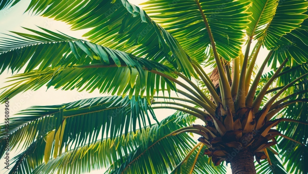 Fototapeta premium Close-up of a palm tree with lush green fronds. Tropical vegetation and foliage. Nature and plant life. The image captures the vibrant greenery of a palm tree.