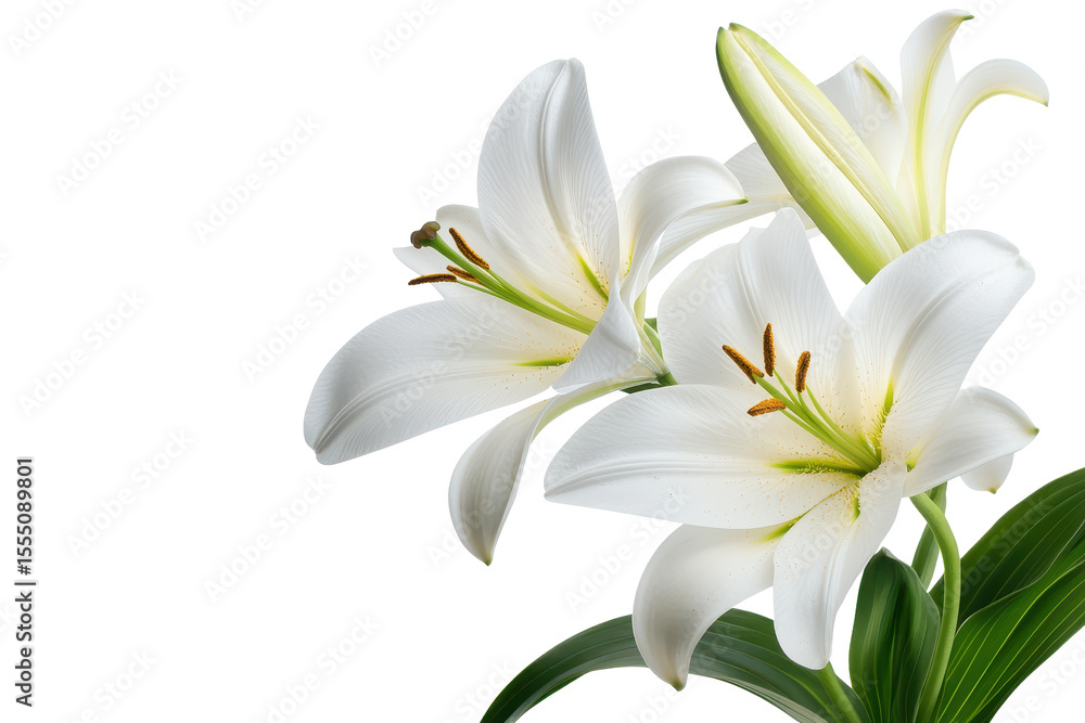 Obraz premium Easter lilies bloom gracefully with vibrant white petals and delicate green accents, showcasing their natural beauty on a transparent background