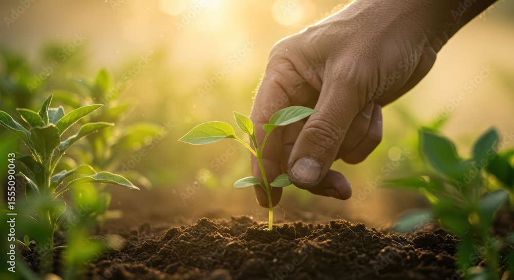 Fototapeta premium Cultivating Growth A Gentle Hand Nurturing a Seedling in the Warm Sunlight of Early Morning Dawn
