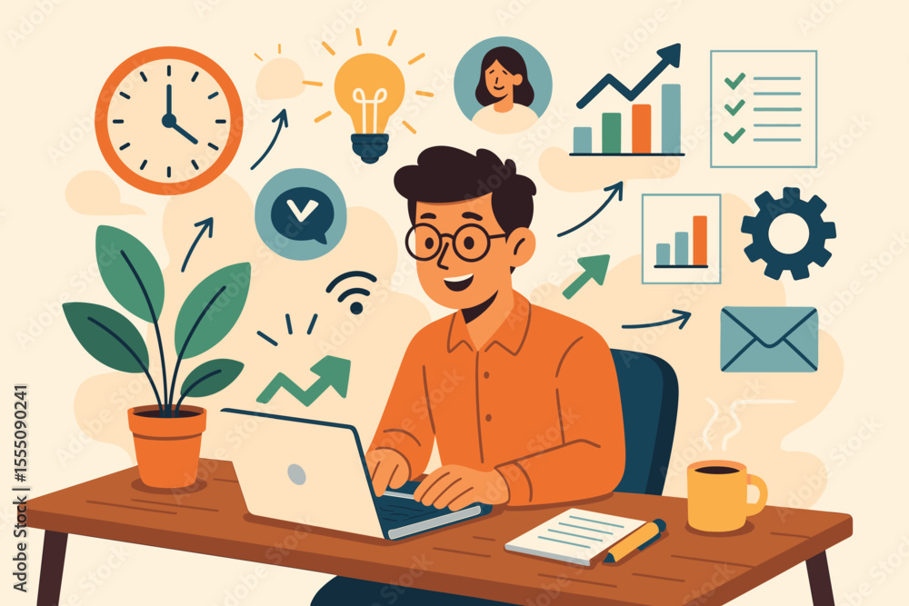 Remote work productivity concept. Man working at desk on laptop. Time management, workflow optimization, business strategy. Freelancer success, growth, multitasking. Flat vector. Remote work productivity concept. Man working at desk on laptop. Time management, workflow optimization, business strategy. Freelancer success, growth, multitasking. Flat vector.