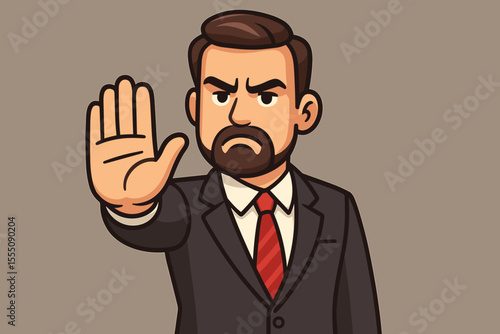 Angry businessman making stop gesture. Serious manager boss showing palm for rejection or denial. Assertive leadership concept. Cartoon vector character illustration of prohibition.