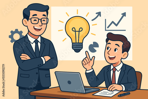 Business mentor coaching an employee on strategy and innovation. Young man presents creative idea for company growth. Teamwork, guidance, and success concept with lightbulb and chart.