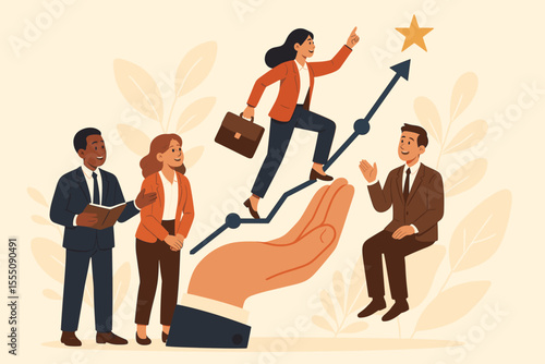 Career growth and mentorship concept. Businesswoman climbing arrow to success with team support. Helping hand symbolizes guidance, teamwork, and employee development. Vector.