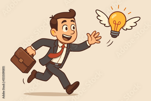 Businessman chasing a flying light bulb with wings. Business concept for the pursuit of innovative ideas, creativity, inspiration, and solutions. Metaphor for ambition and goals.