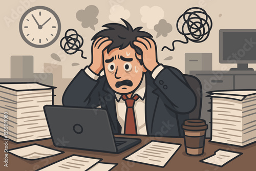 Overwhelmed businessman suffering from burnout at office desk. Stressed employee under pressure from high workload and tight deadlines. Mental health anxiety concept. Vector cartoon.