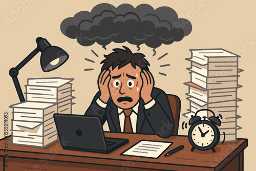 Overwhelmed businessman at office desk with heavy workload. Concept for burnout, stress, pressure, and anxiety. Employee suffering from depression, mental health problems. Vector.