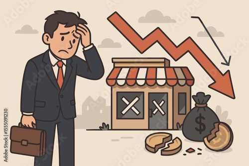 Business bankruptcy and financial crisis concept. Stressed businessman with closed store and downward arrow. Economic recession, company closure, failed startup vector cartoon.