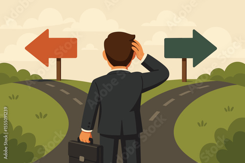 Businessman with briefcase at a crossroads choosing a direction. Metaphor for a crucial business decision, strategy, and future path. Yes or no dilemma symbolized by arrows.