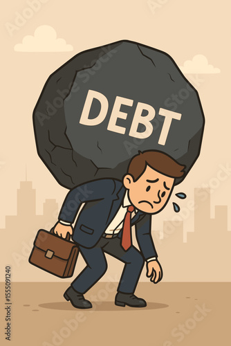 Overwhelmed businessman carrying giant debt burden metaphor, financial stress, economic pressure, cartoon illustration, heavy loan, business crisis, money problems, stress concept