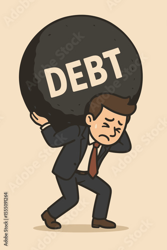 Stressed businessman carrying giant debt burden, financial pressure concept, cartoon vector illustration. Overwhelmed office worker under heavy money load, economic crisis, bankruptcy metaphor