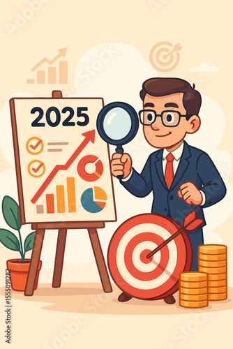 Business strategy planning 2025 vector illustration. Cartoon businessman analyzing growth charts, financial data, target goals, magnifying glass, coins, success, leadership, future vision concept