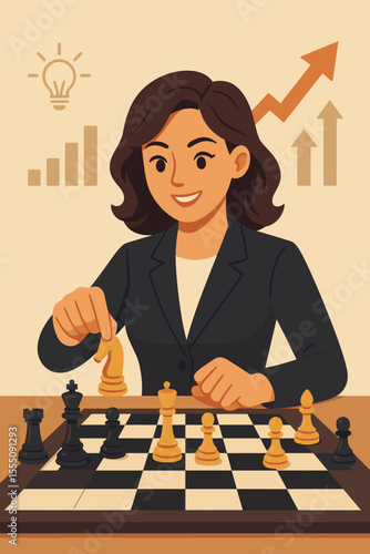 Businesswoman Strategizing Chess Move for Success, Leadership and Decision Making, Innovation and Growth Concept, Entrepreneur Tactics, Career Progress, Corporate Strategy Vector Illustration