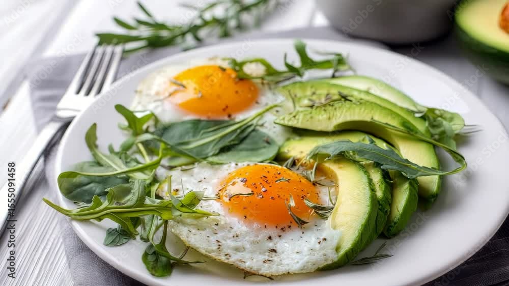 Delicious breakfast featuring sunny-side-up eggs, creamy avocado slices, and fresh arugula on a white plate, showcasing vibrant colors and textures Delicious breakfast featuring sunny-side-up eggs, creamy avocado slices, and fresh arugula on a white plate, showcasing vibrant colors and textures