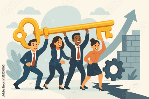 Business team collaboration overcoming obstacles with giant golden key, teamwork unlocking success, leadership solving challenges, growth, achievement, cartoon vector illustration concept