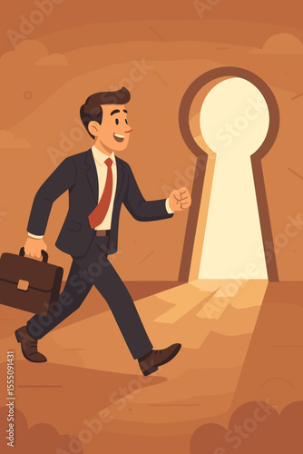 Ambitious Businessman Walking Toward Keyhole Doorway Light, Symbolizing Career Growth, Opportunity, Success, Motivation, Leadership, Achievement, Vision, Determination, Professional Aspirations