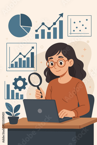 Female data analyst examining charts and graphs with magnifying glass at desk, market research, big data analysis, business intelligence, statistics, data science, vector illustration