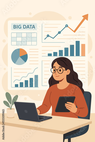 Businesswoman analyzing big data for market research and data science, digital analytics, statistics dashboard, growth charts, graphs, tablet and laptop, office workspace, vector illustration