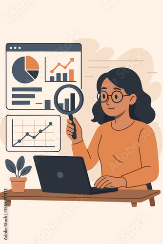 Businesswoman analyzing big data and market research with magnifying glass at laptop. Data science, analytics, statistics, financial charts, graphs, infographics. Office desk vector illustration