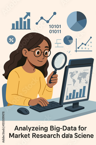 Woman Analyzing Big Data for Market Research and Data Science, Business Analytics, Statistics, Charts, Graphs, Computer Technology, Digital Marketing, Vector Illustration, Office Workspace