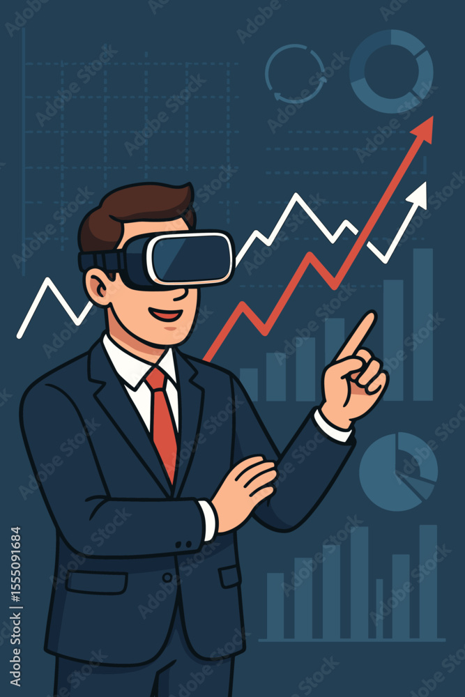 Businessman in a suit with VR headset analyzing financial data on a holographic interface. Metaverse business concept. Stock market investment growth analysis with charts and graphs. Businessman in a suit with VR headset analyzing financial data on a holographic interface. Metaverse business concept. Stock market investment growth analysis with charts and graphs.