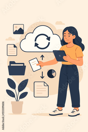 Modern woman using tablet for cloud storage, file transfer, data synchronization, and document management. Digital workflow, online backup, remote access, technology concept vector illustration