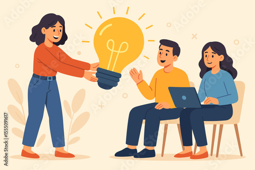 Creative teamwork concept illustration. Woman sharing big light bulb as idea metaphor. Group brainstorming, innovation, collaboration, knowledge exchange, business meeting, team discussion vector