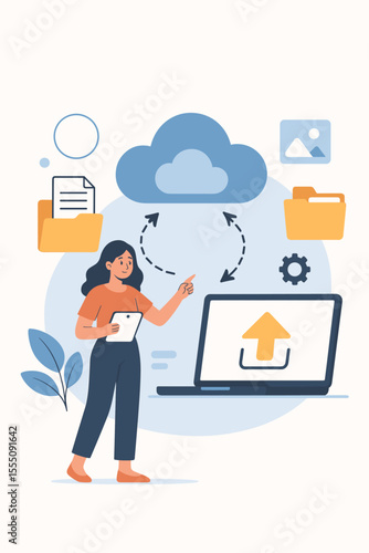Woman managing cloud storage and file transfer, digital data management, online document upload, cloud computing technology, workflow organization, modern business vector illustration
