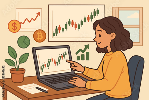 Young woman analyzing stock and cryptocurrency market trends on laptop, trading online, making smart investment decisions, financial growth, home office workspace, vector cartoon illustration