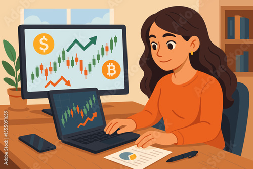 Young woman analyzing stock and cryptocurrency market trends, trading online from home office, financial investment decisions, digital charts, candlestick graphs, Bitcoin, dollar, fintech concept
