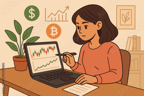 Young woman trader analyzing stock and cryptocurrency market trends on laptop at home office. Financial investment, trading, bitcoin, forex, candlestick chart, online economy concept illustration