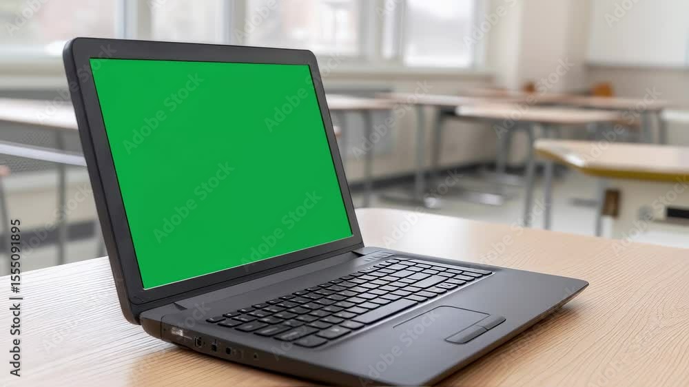 Sleek black laptop displaying green screen on rustic wooden desk, representing modern digital learning setup in vacant classroom space Sleek black laptop displaying green screen on rustic wooden desk, representing modern digital learning setup in vacant classroom space