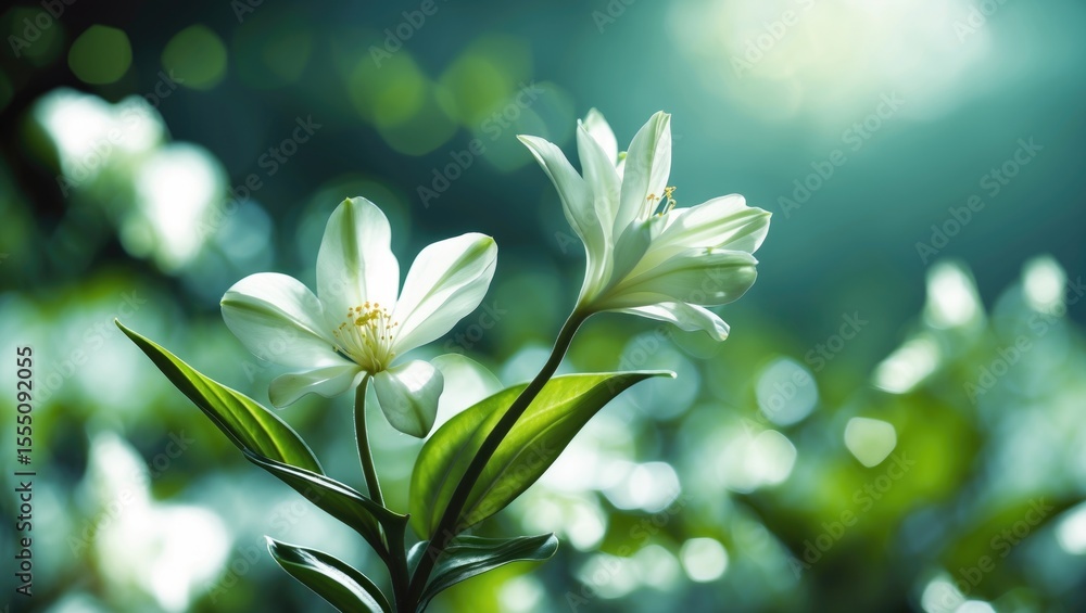 Fototapeta premium White flowers blooming on green foliage with sunlight in the background. Natural beauty and floral scenery. Gardening and plant life. The essence of nature and serenity.