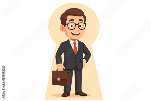 Businessman in keyhole, a metaphor for insider knowledge and exclusive access. Concept of the key to success, unlocking opportunity, and finding a business solution. Cartoon vector.