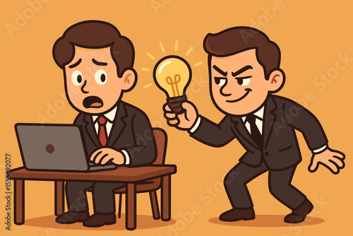 Corporate piracy concept. Businessman stealing an idea lightbulb from a colleague. Unfair competition and intellectual property theft metaphor. Plagiarism and copyright infringement.