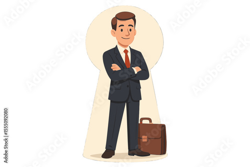 Businessman in keyhole concept of opportunity, solution, and success. Confident cartoon manager with briefcase symbolizing key to business, exclusive access, and insider information.