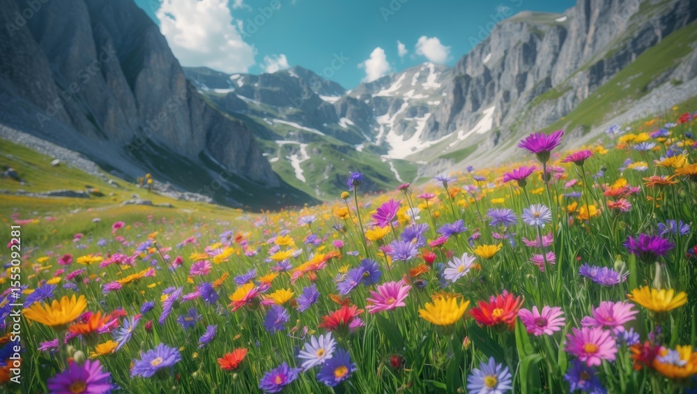 Fototapeta premium Colorful wildflowers in a mountain valley with snow-capped peaks, green slopes, and blue skies.