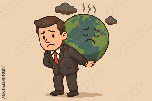 Worried businessman carrying a sick, polluted planet. Concept of corporate responsibility for climate change, sustainability, and environmental damage. Cartoon vector metaphor.