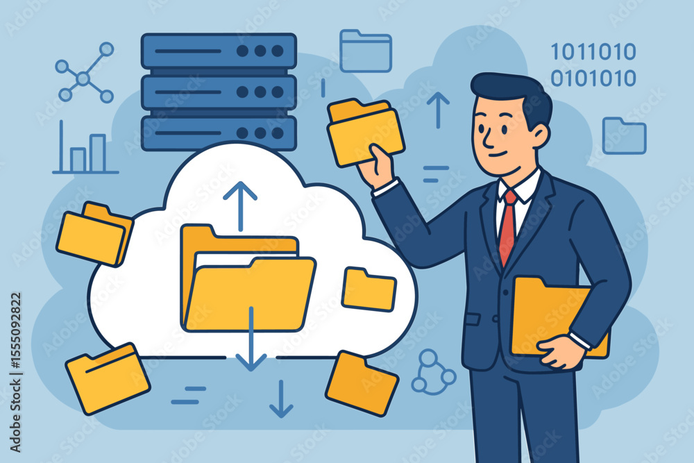 Cloud computing data storage management. Businessman organizing digital files, folders in online database. Server, cloud upload download, information technology concept. Vector illustration. Cloud computing data storage management. Businessman organizing digital files, folders in online database. Server, cloud upload download, information technology concept. Vector illustration.