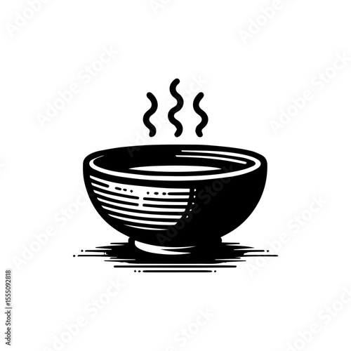 Black and white illustration of a bowl of hot liquid with steam rising.