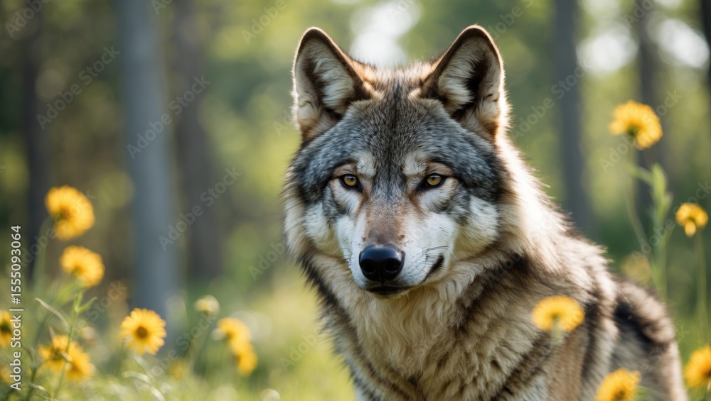Wolf in a natural setting with yellow flowers and green trees. Wildlife and nature scene. Forest and animal habitat. The concept of wilderness and wildlife. Wolf in a natural setting with yellow flowers and green trees. Wildlife and nature scene. Forest and animal habitat. The concept of wilderness and wildlife.