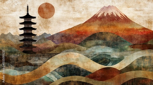 Wallpaper Mural Asian inspired landscape with pagoda, mountain, and water.  Abstract, stylized Torontodigital.ca