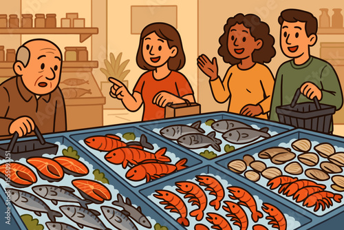 Diverse customers shopping for fresh seafood at fish market counter. Cartoon vector illustration of people choosing salmon, shrimp, clams, fish fillets, shellfish, seafood variety in grocery store