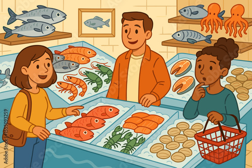 People shopping for fresh seafood at fish market. Cartoon vector illustration of customers choosing fish, shrimp, lobster, octopus, shellfish, salmon, clams, seafood counter, grocery store interior