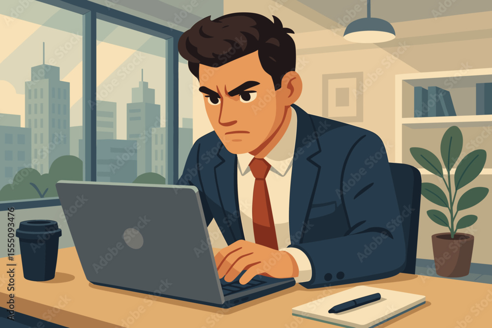 Focused business professional working on laptop in modern office interior, city view, productivity, workplace, corporate environment, vector illustration, remote work, career success concept Focused business professional working on laptop in modern office interior, city view, productivity, workplace, corporate environment, vector illustration, remote work, career success concept