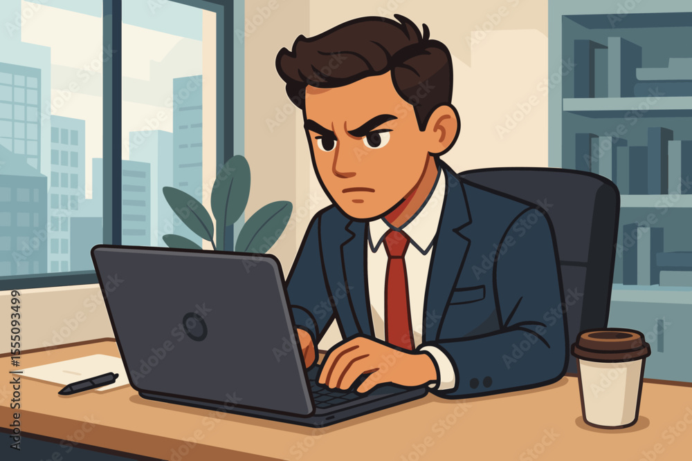 Focused young businessman working on laptop at desk in modern office. Professional male employee in suit with coffee, city view, bookshelf, plant. Vector cartoon workspace illustration Focused young businessman working on laptop at desk in modern office. Professional male employee in suit with coffee, city view, bookshelf, plant. Vector cartoon workspace illustration