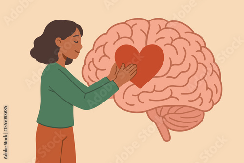 Mental health care concept. Woman supporting brain with heart. Emotional intelligence, self compassion, psychological support, empathy, mind and heart connection, wellness, therapy, mental wellbeing