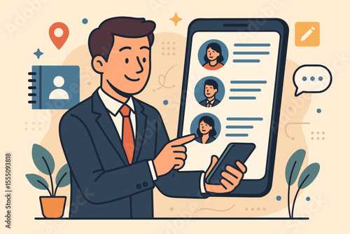 Businessman Managing Contacts on Smartphone. Digital Networking, Communication, Contact List Organization, Professional Connections, Mobile App Interface, Modern Business Technology Concept Vector